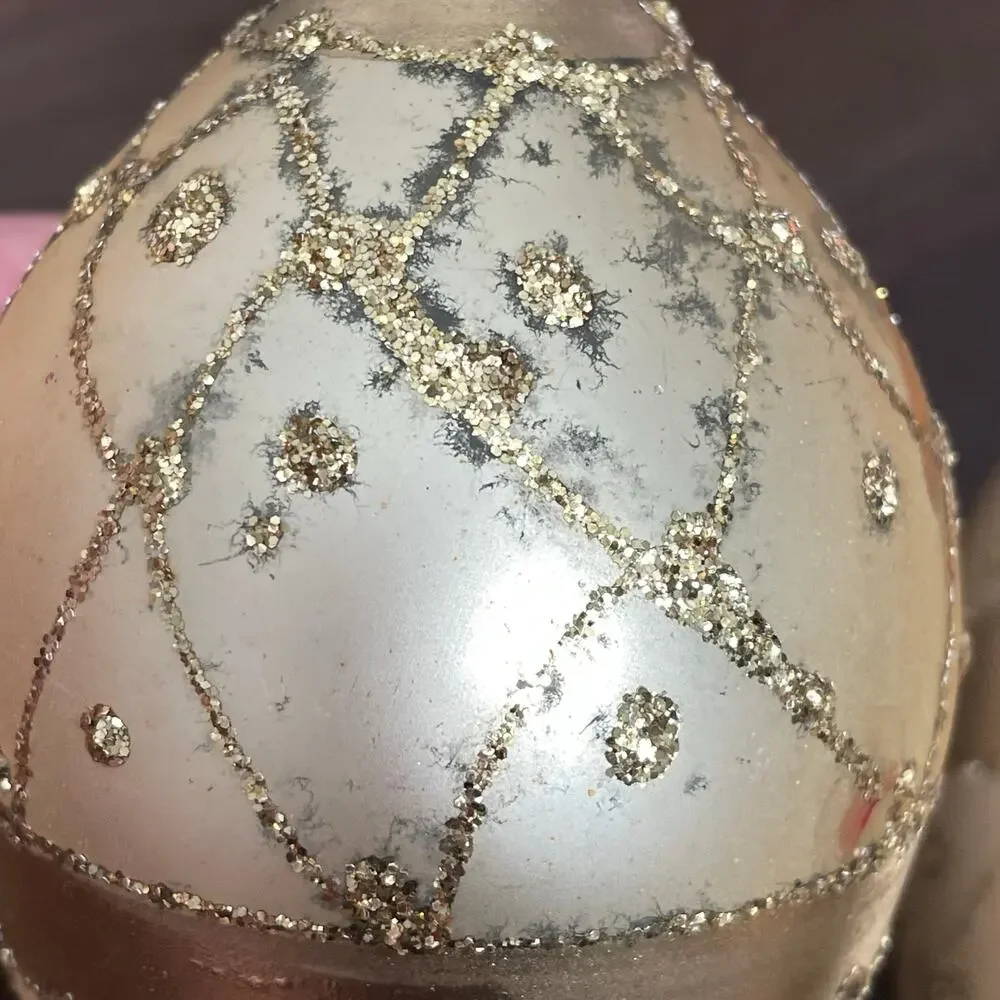 Hand Blown Gold Fluted Ornaments Glitter Lot of 6 Vtg Large Teardrop READ
